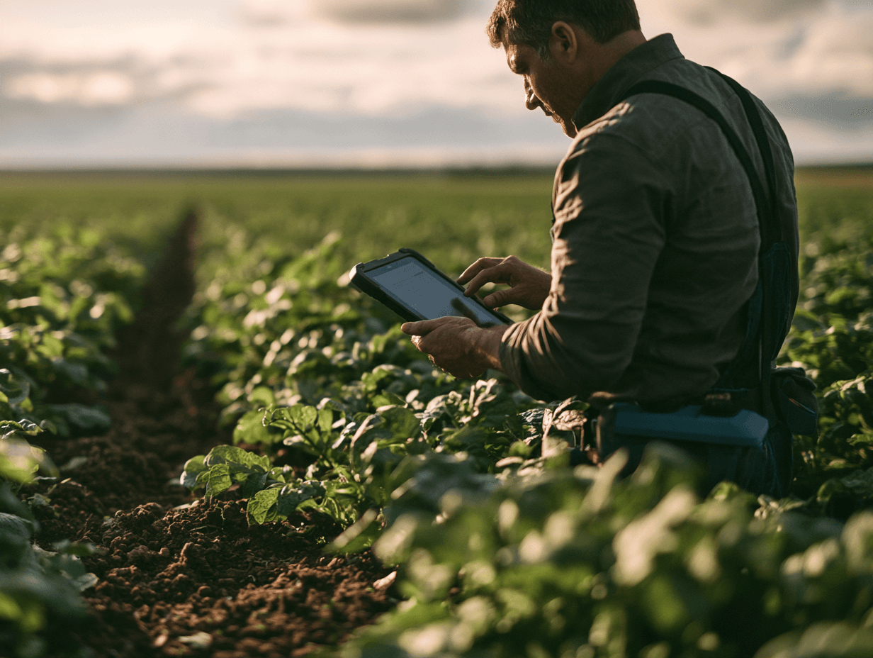 AI-generated illustration of a farmer using a tablet among crop rows.