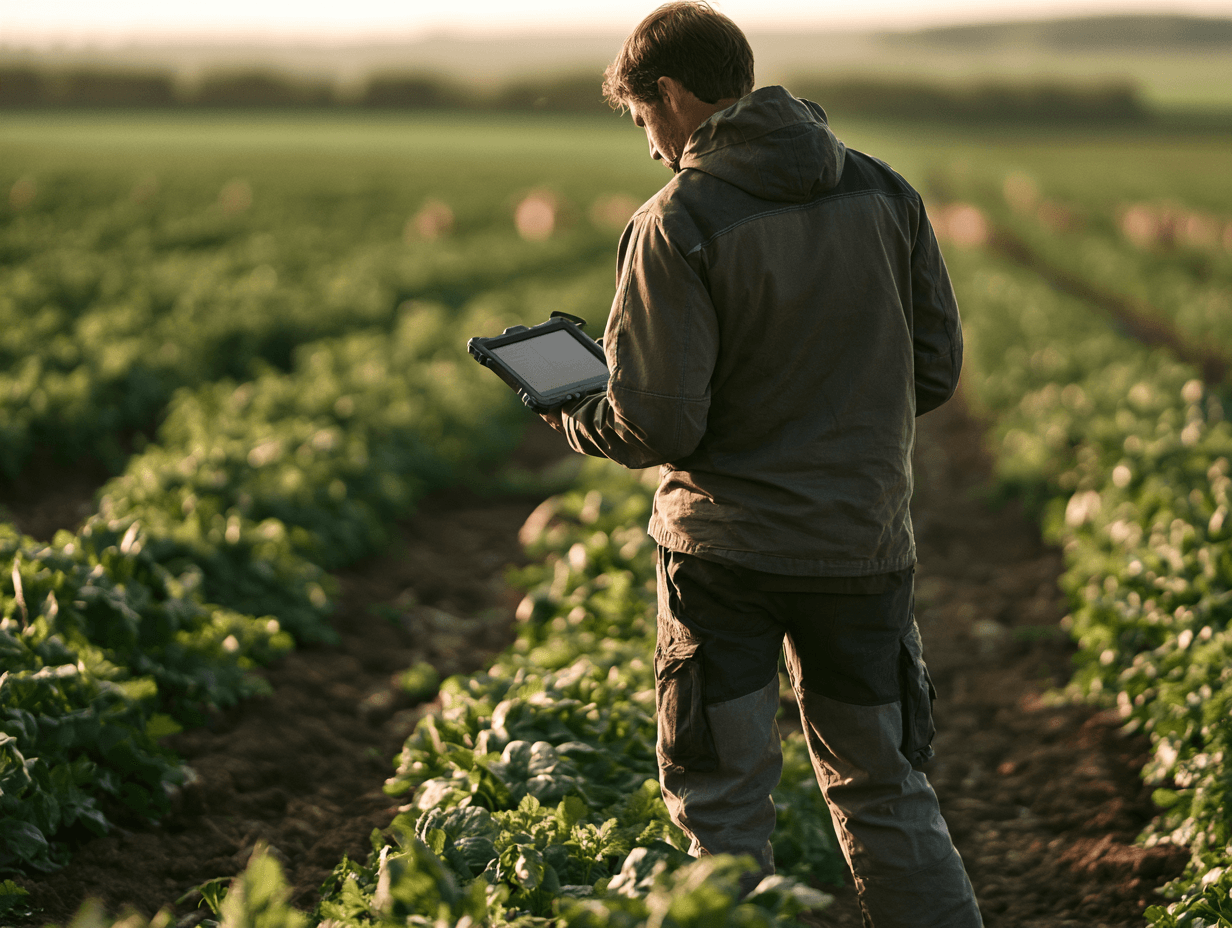 AI-generated illustration of a farmer reviewing a tablet in a field.